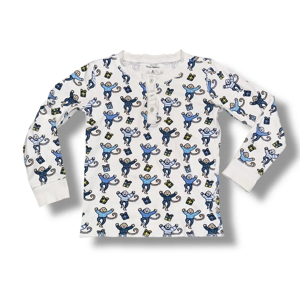 Roller Rabbit Kids Pajama Top Long‎ Sleeve Monkey Print Size 6 Cotton
